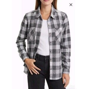 Beachlunchlounge Shacket Women Medium Buffalo Plaid Shirt Black Gray Grunge